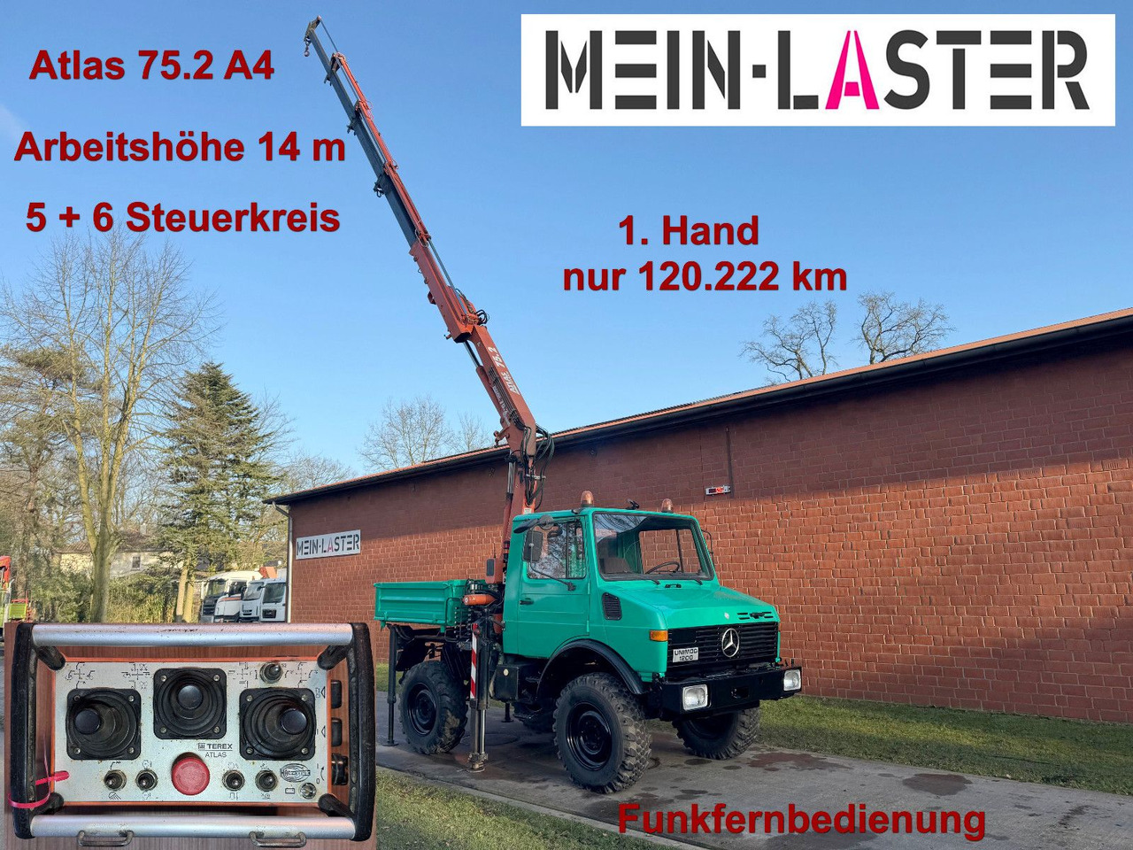Unimog U 1200 Atlas 75.2 Kran 14 m Funk FB *1. Hand - Вантажівка з маніпулятором: фото 1 Unimog U 1200 Atlas 75.2 Kran 14 m Funk FB *1. Hand - Вантажівка з маніпулятором: фото 1