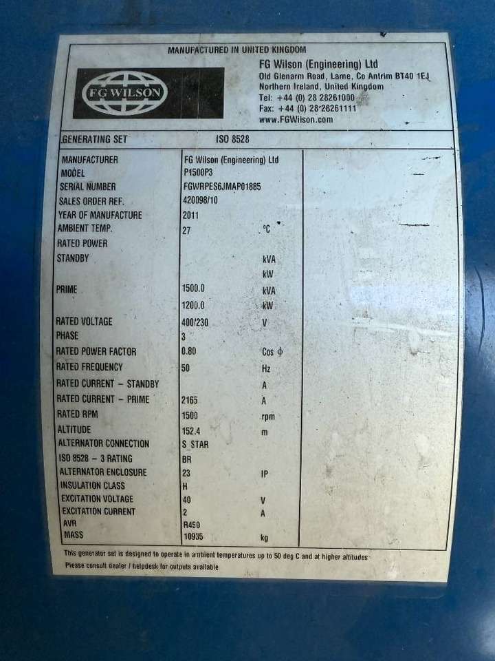 FG Wilson P1500P3 - 1.650 kVA Generator - DPX-12628 - Електричний генератор: фото 5 FG Wilson P1500P3 - 1.650 kVA Generator - DPX-12628 - Електричний генератор: фото 5