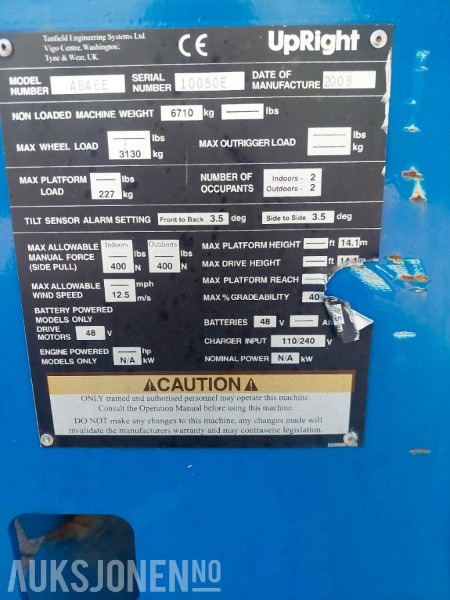 2008 UpRight AB46E bomlift med knekkarm - Arbeidshøyde 16,1 m. - Vekt: 6 700 kg - Timer: 217! - Підйомник: фото 5 2008 UpRight AB46E bomlift med knekkarm - Arbeidshøyde 16,1 m. - Vekt: 6 700 kg - Timer: 217! - Підйомник: фото 5