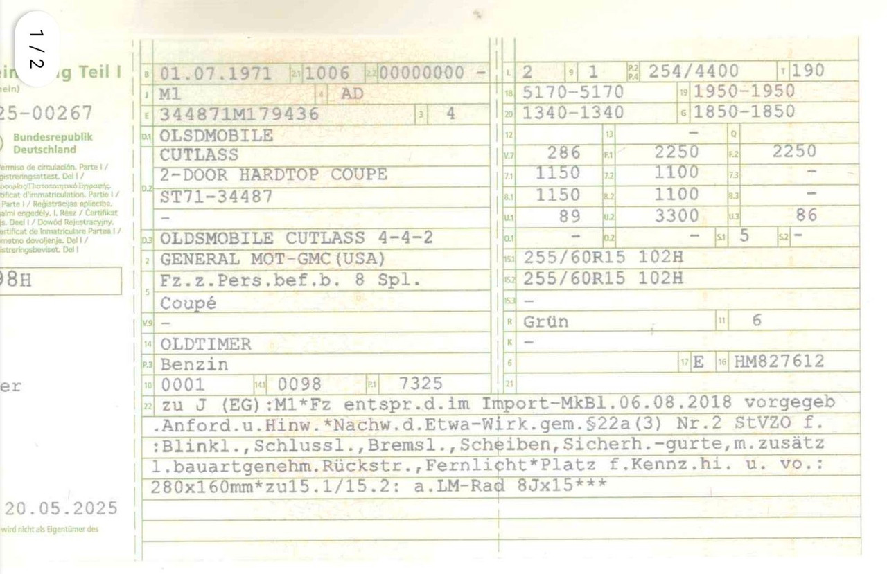 Oldsmobile Cutlass 442 V8 W30 Cabrio Coupe Hardtop H-Zulass - Кабріолет: фото 4 Oldsmobile Cutlass 442 V8 W30 Cabrio Coupe Hardtop H-Zulass - Кабріолет: фото 4