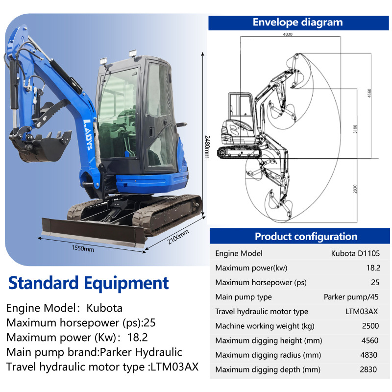 LADYS DY25U Mini Excavator Kubota Euro 5/Epa Engine Mini Excavator For Sale - Міні-екскаватор: фото 2 LADYS DY25U Mini Excavator Kubota Euro 5/Epa Engine Mini Excavator For Sale - Міні-екскаватор: фото 2