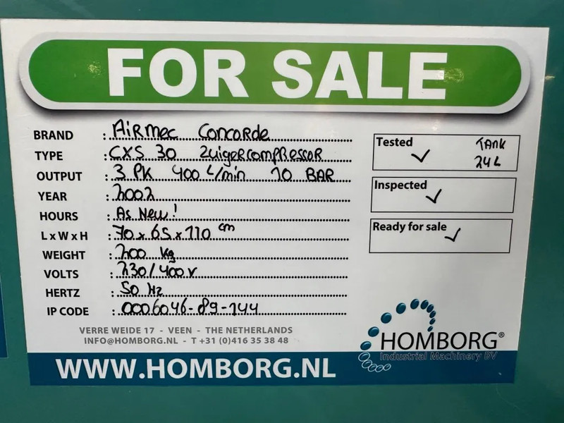 Повітряний компресор Airmec Concorde CXS 30 Elektrische Zuigercompressor 3 PK 400 L / min 10 Bar Silent As New !: фото 10 Повітряний компресор Airmec Concorde CXS 30 Elektrische Zuigercompressor 3 PK 400 L / min 10 Bar Silent As New !: фото 10