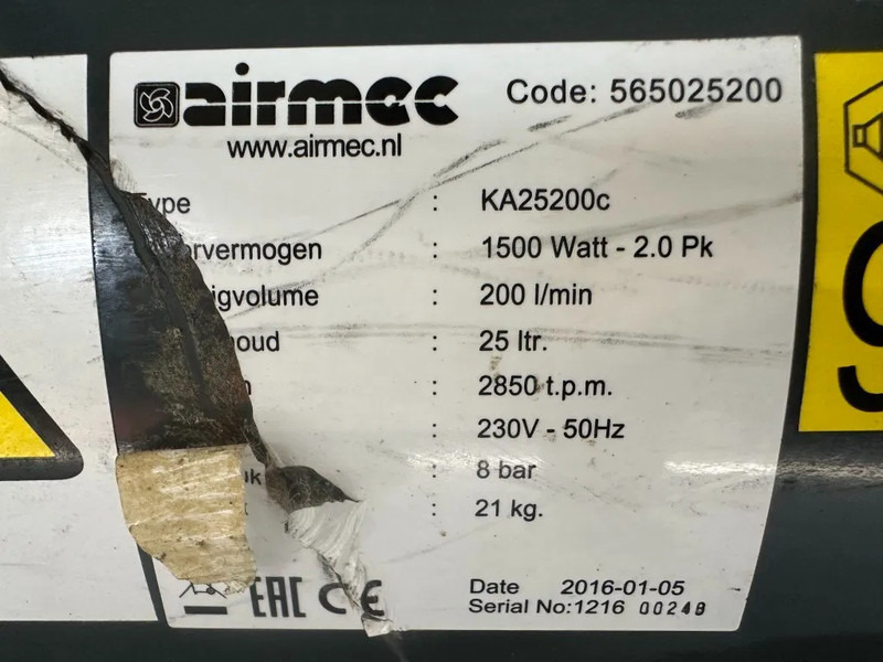 Airmec KA25200 C 2 PK 200 L / min 8 Bar Elektrische Zuigercompressor - Повітряний компресор: фото 4 Airmec KA25200 C 2 PK 200 L / min 8 Bar Elektrische Zuigercompressor - Повітряний компресор: фото 4