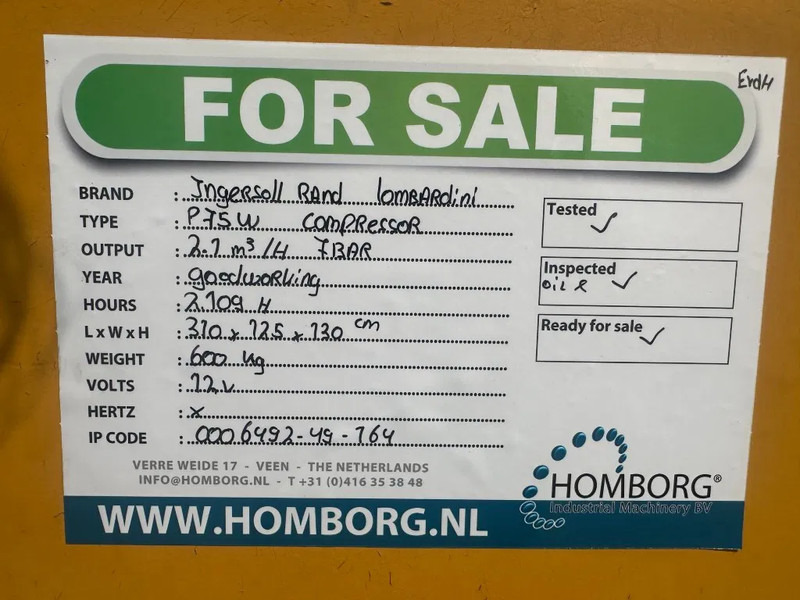 Повітряний компресор Ingersoll Rand P75W Lombardini 2.1 m3 / min 7 Bar Diesel Compressor: фото 14 Повітряний компресор Ingersoll Rand P75W Lombardini 2.1 m3 / min 7 Bar Diesel Compressor: фото 14