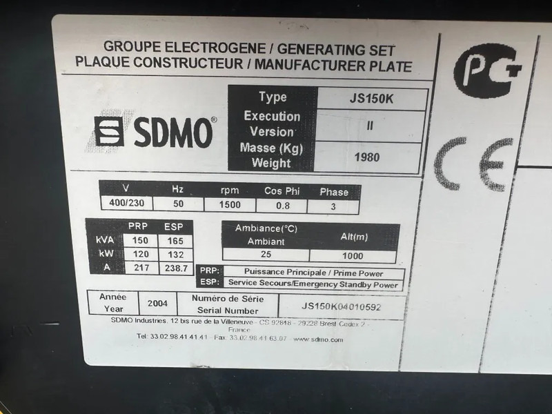 Електричний генератор SDMO JS150K John Deere Leroy Somer 150 kVA noodstroom generatorset 25 hours !: фото 6
